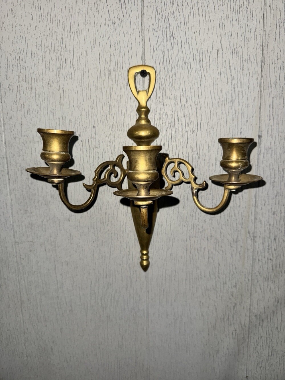 Vintage Brass Tone Wall Candle Sconces Pair 3 Arm Colonial Scroll Taper Holders